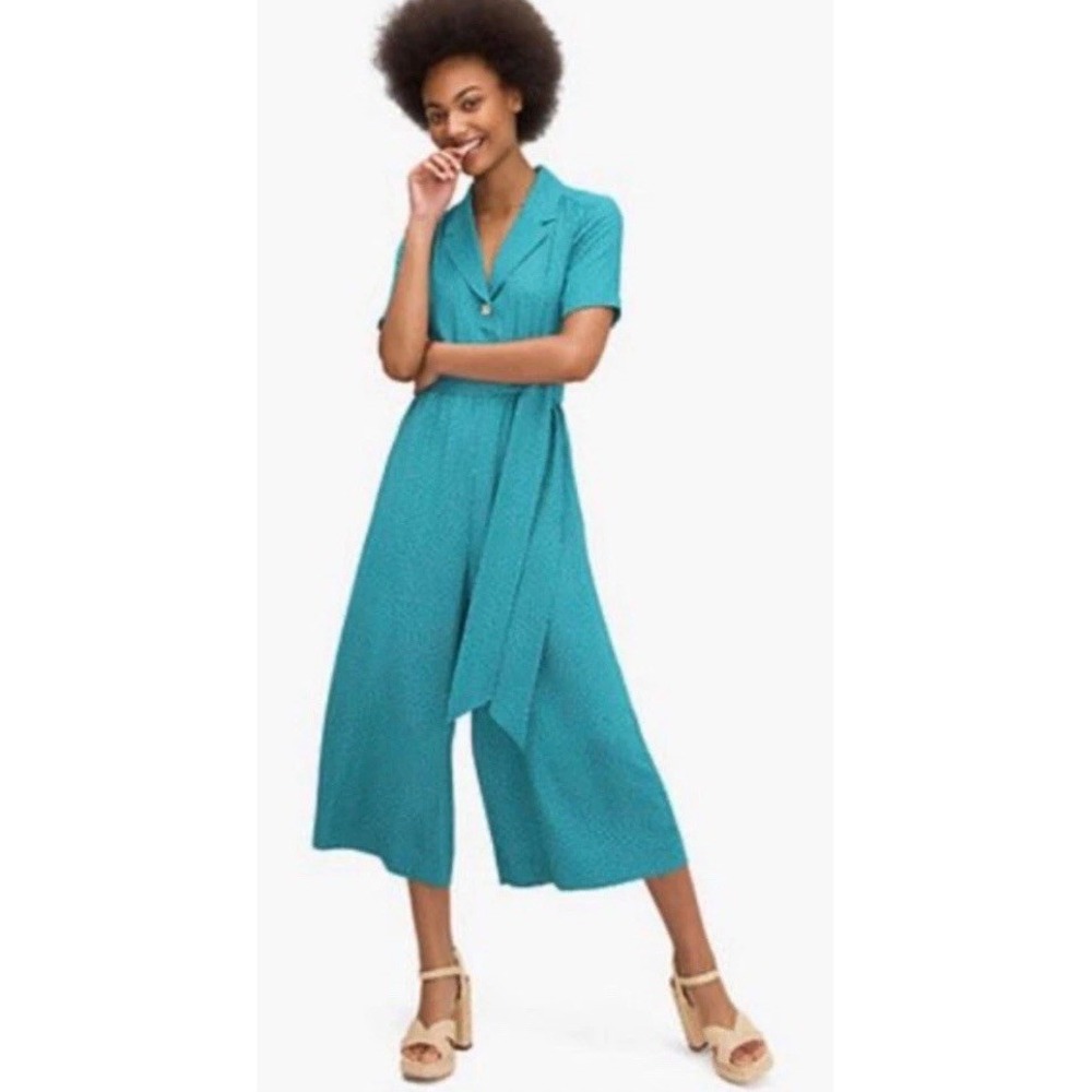 Kate Spade Green Pink Polka Dot‎ Belted Jumpsuit Women's Size 14 NEW Defaced